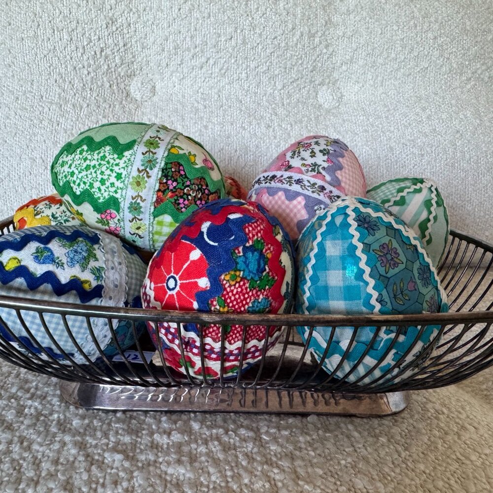 Vintage Handmade Decorative Easter Eggs with Silver Plated Wire Basket